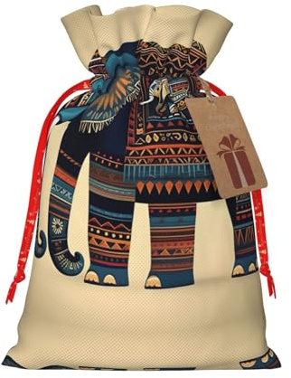 HJLUUFT Jutebeutel mit Azteken-Elefanten-Druck, Weihnachts-Geschenktüte mit Kordelzug und Geschenkanhänger, für Hochzeit, Weihnachten, Party