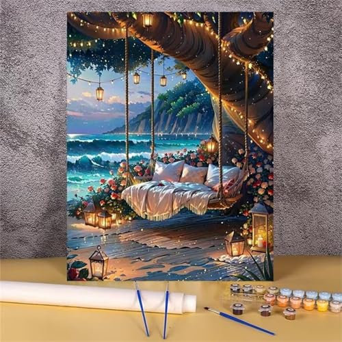 Aimaor Malen Nach Zahlen Erwachsene Schaukel mit Meerblick,DIY Paint by Numbers Kit mit 3-Pinseln und Acrylfarbe Leinwand Handgemalt Ölgemälde für Home Decor(Rahmenlos) - 45x60cm