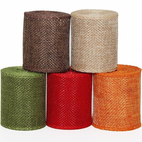 5 Rollen Geschenkband Breit Juteband Set 6cm*3m, Stoffband Leinenband, Schleifenband jute, Sackleinen Band Stoffband für Geschenken Weihnachtsbaumdeko Zuhause Partys jute tape