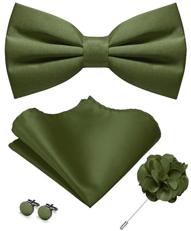 JEMYGINS Enfärgad matt fluga för män med näsduk manschettknappar och knapphål blomset, Olivgrön, M