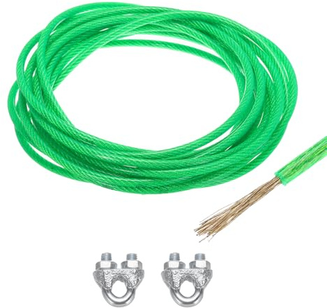 QUARKZMAN 6 Meter x 6mm Drahtseil Verzinkte, Stahlseil Spanndraht Ummantelt mit 2 x M6 Drahtseilklemme, Stahlkern Gardinenseil Wäscheleine Forstseil für Kletterpflanzen Vorhang, Grün