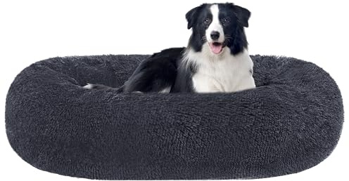 HMTOPE Orthopädisches Hundebett Grosse Hunde, Donut Kissen Waschbar, Ø90cm | Flauschig Hundesofa mit Egg-Crate Schaumstoff, L Langer Plüsch Rund, Kuscheliges Hundekorb, Abnehmbar Bezug, Dunkelgrau