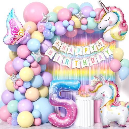 Cleboen Einhorn Deko Kindergeburtstag Mädchen 1 2 3 4 5 6 Jahre, Pastell Luftballon Girlande mit Einhorn Luftballon Lametta Vorhang, Einhorn Kindergeburtstag Decorations Party Deko