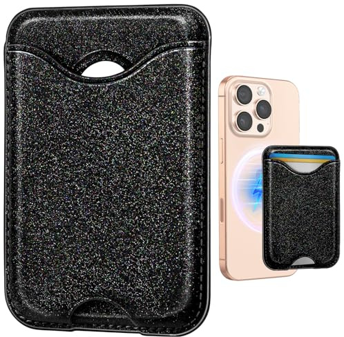 Shorogyt Compatible with Magsafe Wallet Magnetic Card Holder - Glitter Black Phone Wallets for Women Teen Girls Fashion for iPhone 17/16/15/14/13/12 Series Slim for Apple Mag RFID Magnet, Fit 3 Cards