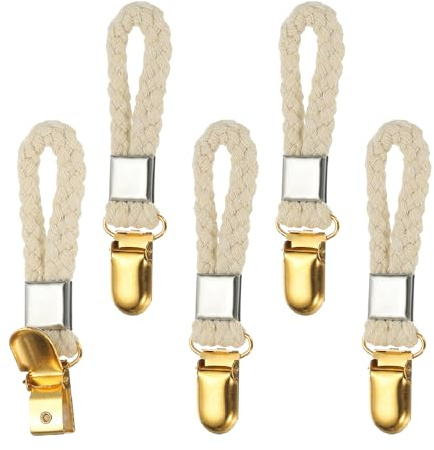 PATIKIL 5 Pcs Hanging Tea Towel Clips, 0.9 Width Braided Cotton Loop Towel Clip with Gold Metal Clamp for Kitchen Bathroom RVs Camping Hanging Organize Tool, Beige