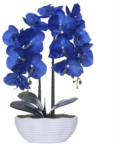 YSZL Künstliche Topforchidee, groß, Seidenblumenarrangement mit Keramikvase, Marineblau