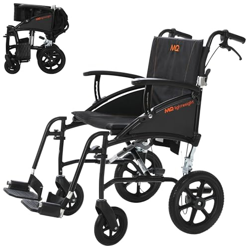 MobiQuip Lightweight Transit Wheelchair, 12kg - Narrow 16 Seat, Aluminium Black Frame - Portable, Foldable Attendant Pushchair with 12” Puncture-Proof Tyres & Brakes - Compact Mobility Aids