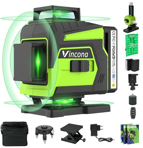 Vincona Niveau à bulle Laser 4 x 360 °, Laser à lignes croisées vert 16 lignes lasers de nivellement autonivelant, laser de ligne avec 2 x batteries