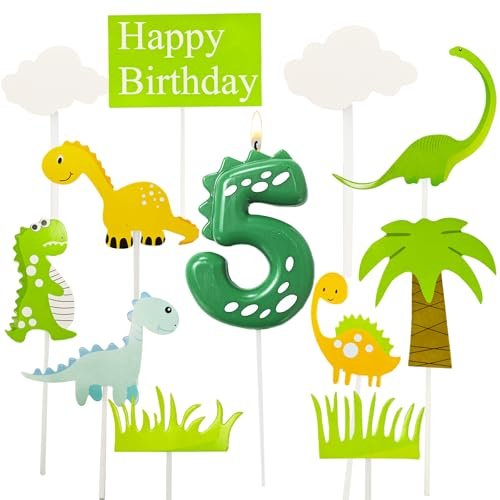 DazzJoy Dinosaurier Geburtstagskerze 5,12 Stück Dino Tortendeko 5 Geburtstag mit 1 Stück Dino Geburtstagskerzen Zahlen 5,Kerze 5 Geburtstag Mädchen,Dinosaurier Happy Birthday Cake Topper