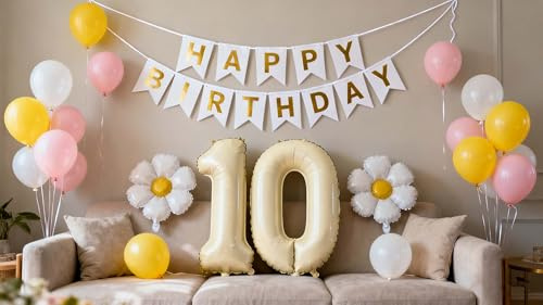 Luftballons Creme Beige 10. Geburtstag Deko, Beige Nummer 10 Gänseblümchen Geburtstags Folienballon Dekorationen für 10 Jahre Mädchen Jungen Geburtstagsdeko Party Dekoration