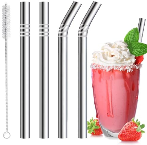 4Pcs Stainless Steel Wide Milkshake Straws,10mm Boba Straws Metal Straw with 1Pcs Cleaning Brush,27cm Metal Jumbo Straw for Smoothies,Extra Long Straight Bent Drinking Straw,for Smoothie,Juice