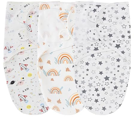COONE 3 - Stück Baby Schlafsack Set, Baumwoll - Schlafsack Baby für Neugeborene, Baby Erstausstattung mit Buntem Muster (Raumschiff, Regenbogen, Stern)