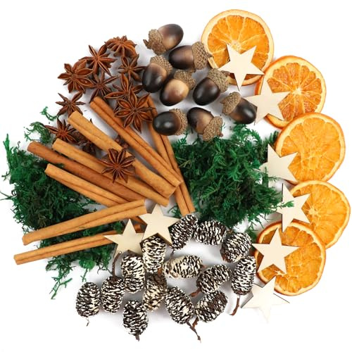 56 Stück Weihnachtsdeko Adventskranz Deko Set, Weihnachtskranz Deko Set, Adventskranz Zubehör mit Natur Eichel, Birke Stern, Orangenscheibe, Mini-Zeder, Zimt, Sternanis, Dunkelgrünes Moos