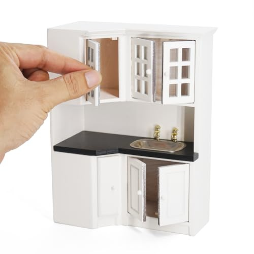 Odoria Casa de Muñecas Armario de Cocina: Escala 1/12 Miniatura Mostrador para Restaurante Moderno Blanco - Mini Fregadero Cocinar Mueble Madera