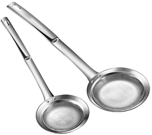 Set di 2 cucchiai con manico ergonomico in acciaio inox, per schiumare grasso e schiuma, gadget da cucina, cucchiaio ergonomico per schiumatoi per olio