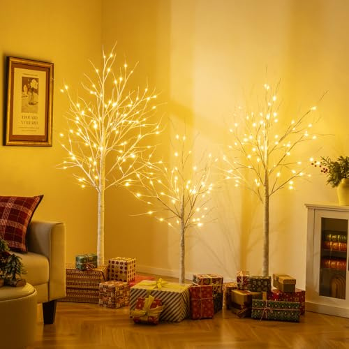 COSTWAY 3 Arbres de Bouleau Illuminés, Arbres de Noël Artificiels Pré-Éclairés de 120/150/180 cm avec 216 LED Blanc Chaud, Branches Flexibles, Décoration Saisonnière, Intérieur et Extérieur