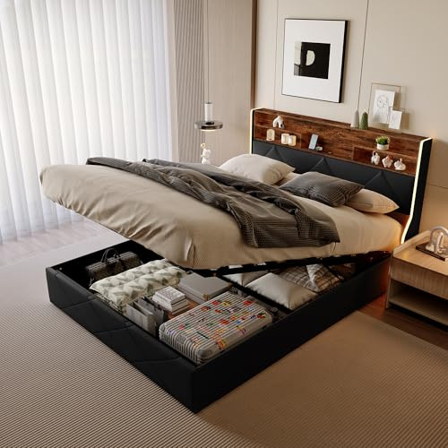 FUCMKON Polsterbett Doppelbett 160x200,Kopfteil mit Staufach und USB-Ladefunktion,Seitlichen LED-Streifen,Hydraulisch,Funktionsbett Jugendbett Bettgestell mit Lattenrost,PU (Schwarz E, 160x200cm)