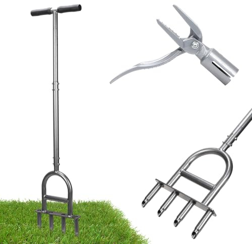 2-in-1 Lawn Aerator Tool - Adjustable Height with 4 Hollow Aeration Tines, High-Strength Anti-Rust Carbon Steel, Foot-Operated Weed Puller & Lawn Aerator for Garden Lawn Care & Compacted Soil Aeration