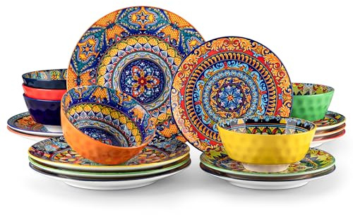Porzellan Geschirrset 6 Personen 18-teiliges, vancasso Geschirr Set mit Speiseteller, Dessertteller und Schalen, Boho Tafelservice 6 Personen, Geschirrsets Serie KRVI