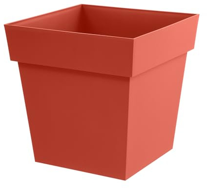 EDA - Pot de Fleur Carré Toscane 50 cm - 87 L - Intérieur & Extérieur - Zone de rétention d'eau pour Limiter l'Arrosage - Plastique Recyclé - 49,5 x 49,5 x H. 52,5 cm - Orange Terre Battue