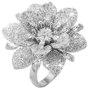 IMINI Double Layered Rhinestone Flower Adjustable Ring for Women - Cubic Zirconia 3D Sunflower Wrap Open Band, Size L 1/2 to T 1/2, Elegant Engagement Trendy Jewellery Gift for Her