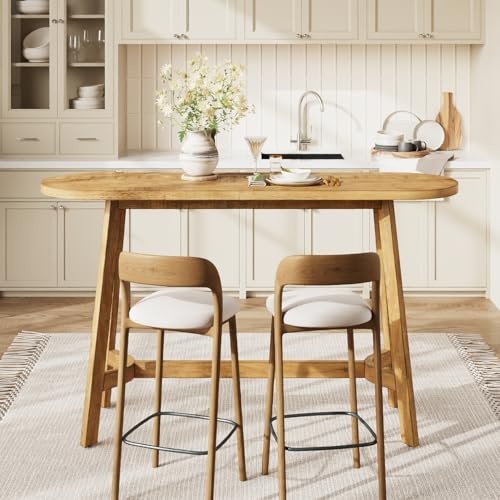 LITTLE TREE 63 Solid Wood Bar Table, 37.4 Height Rustic Oval Bar Height Table with Footrest for Kitchen, Dining Room, Living Room, Home Bar, Rustic Brown(Table Only)