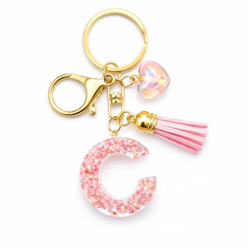 Porte-Clés Lettre C – Porte-Clef à Lettres Initiales de Sac pour Femmes avec des Pompons Roses, Cadeaux de Porte-Clé de Noms pour les Amoureux du Style, Amis, Filles