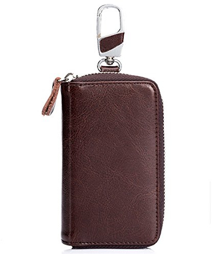 Genuine Leather Key Case Car Key Wallet with 12 Hook Zip Around Keychain Holder for Men and Women (Coffee)