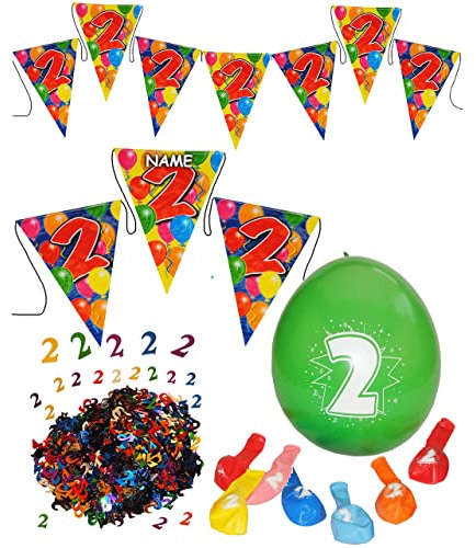 alles-meine.de GmbH Deko Set Zahl - 2 / Zwei - Girlande/Wimpelkette & Luftballons & Streumotive - incl. Name - Dekoration - WASSERFEST - z.B. für Firmenfeier/Jubiläum -..