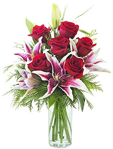 KaBloom - Season of Love Bouquet of Stargazer Lilies, Red Roses and Greens with Vase - Fresh Flowers for Birthday, Valentine's & Mother's Day