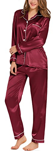 SWOMOG Ensemble de pyjama en satin de soie pour femmes, vêtements de nuit à manches longues et boutons, ensemble de 2 pièces, tailles XS à 3XL, rouge vin, X-Large