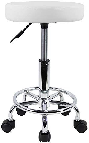 KKTONER Taburete Redondo de Cuero PU reposapiés Ajuste de Altura Giratorio SPA salón taburetes de Masaje Silla de Trabajo (White)