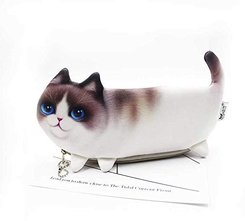 POWERTOOL Federmäppchen mit Kätzchen, niedliches 3D-Katzen-Federmäppchen, Make-up-Kosmetiktasche, Clutch, tragbar, Schlüssel-Münzgeldbörse (Braun + Weiß)