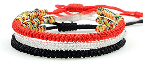 Gewebtes Armband,Rot Weiß Schwarz Geflochtenes Seil Armband Fußkettchen Handgemachte Knoten Seil Armreif Verstellbarer Tibetischer Buddha-Charme Glück Für Frauen Männer Paar Geschenk Unisex