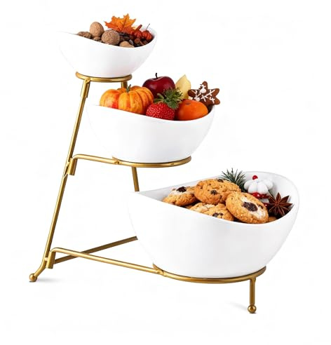 Gomakren 3 Tiered Oval Serving Bowl with Collapsible Metal Rack, Chip and Dip Serving Set, Dessert Appetizer Bowl Set (45oz / 17.5oz / 7oz), White Serving Bowls For Entertaining (Gold Stand)