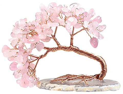 mookaitedecor Natural Rose Quartz Feng Shui Money Tree with Agate Slice Base for Desk Decor Wealth Luck, Healing Crystal Stone Tree Ornaments, Height 3-4 Inch