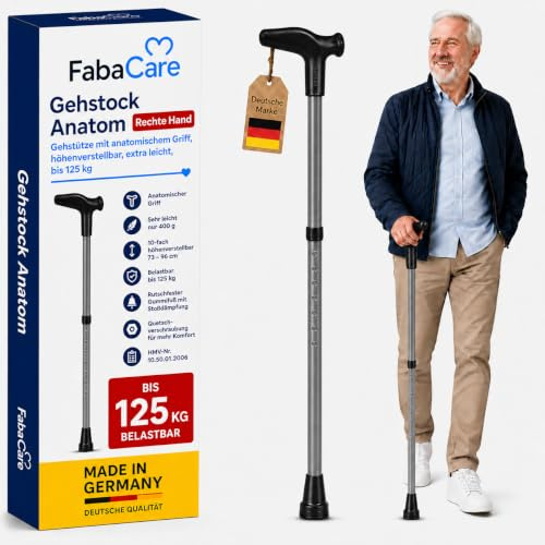 FabaCare Gehstock Anatom anatomisch, Gehstütze mit anatomischem Griff, höhenverstellbar, extra leicht, bis 125 kg