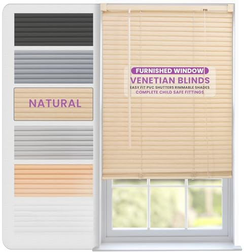 FURNISHED Venetian Blinds Window Venetian Blind Easy Fit PVC Shutters Trimmable Shades for Home Kitchen Windows Treatment Shutters 25mm Slats Complete Child Safe Fittings - Natural 115W x 150L cm