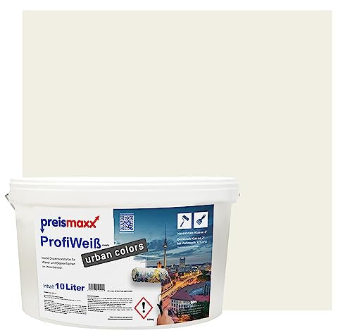Preismaxx Profiweiß Wandfarbe altweiß 10L, hohe Deckkraft, Dispersionsfarbe innen, Innenwandfarbe Raumfarbe altweiss deckend, Deckkraftklasse 2, matt Innenfarbe Profi Qualität