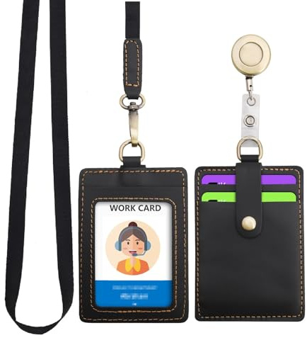 Wonderpool ID-märkeshållare, äkta läder, kortfack, fodral med avtagbart halsband och infällbar märkesrulle för kontor, skolsjukhus, utställnings-ID och körkort (svart)