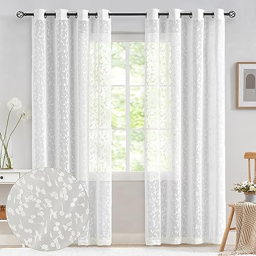 Treatmentex Weiß Halbdurchsichtige Gardinen mit eingewebtem Blattmuster, 2er Set B140×H225 cm, Metallösen, Leichter Sichtschutz für Wohn- & Schlafzimmer