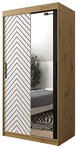 ABIKSMEBLE Armoire à Portes coulissantes Jodełka 2 100 Armoire avec Tringle et étagère Armoire avec Miroir de Chambre à Coucher (Chêne Artisan + Blanc Mat + Noir Mat, Tiroirs: 0)