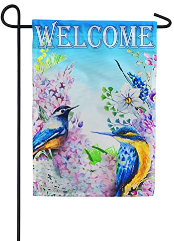 Jardin Signe Drôle Drapeau De Jardin Supérieure Extérieur Drapeaux Décoration Pour Jardin Pelouse Chambre À Coucher Bonjour Printemps Été Bienvenue Bluebirds Et Lilas - Flower Birds