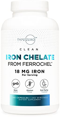 Type Zero Iron Chelate Capsules (18 MG, 240 CAPS) from Ferrochel Ferrous Bisglycinate Chelate - Non-GMO and Gluten Free