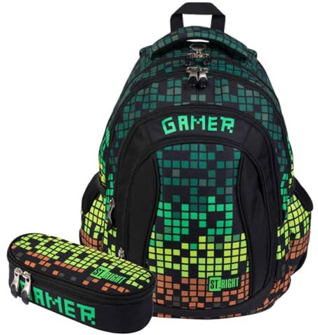 KiddiBex Schulrucksack Teenager Jungen Set 2 Teilig - Schulranzen Ab 5. Klasse Mit Brustgurt - Ergonomischer Rucksack Schule, Schultasche (Gamer)