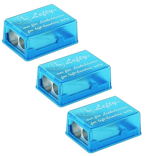 KUM - Doppelspitzdose Lefty, blau, 3er Pack | Anspitzer mit Behälter für Linkshänder, ideal für Blei- und Buntstifte