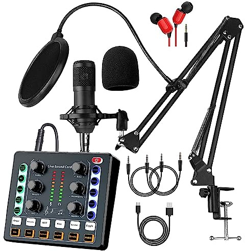 Podcast Equipment Bundle, BM-800 Recording Studio Package with Voice Changer, Live Sound Card - Audio Interface for Laptop Computer Vlog Living Broadcast Live Streaming