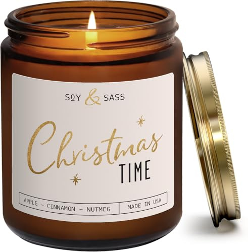 Christmas Candles Scented – ‘Christmas Time’ Soy Christmas Candle, w/Apple, Cinnamon, Clove - Infused with Essential Oils I Holiday Candles I 9oz, 50Hr, Made in USA