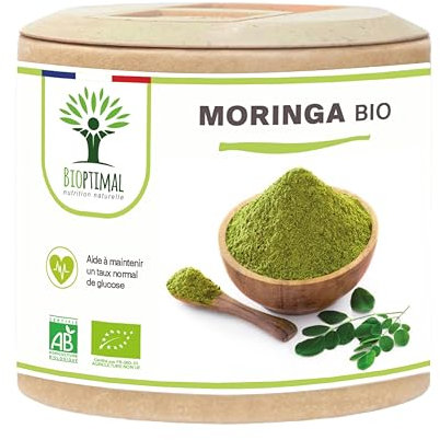 BIOPTIMAL - Moringa Bio - Complément alimentaire - Poudre de Moringa Oleifera en gélules - Glycémie - Dose 300 mg - Fabriqué en France - Certifié Ecocert - Vegan - 60 gélules