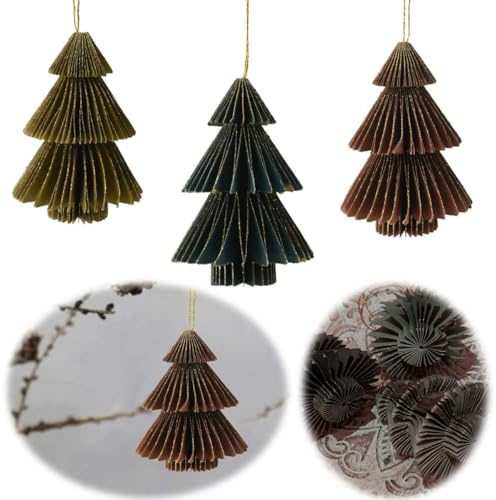 LS-LebenStil Papier Set Deko-Anhänger 3X Papier Tannenbaum Petrol Grün Braun 8cm Weihnachten Baumschmuck Wabenball Honeycomb Christbaumschmuck